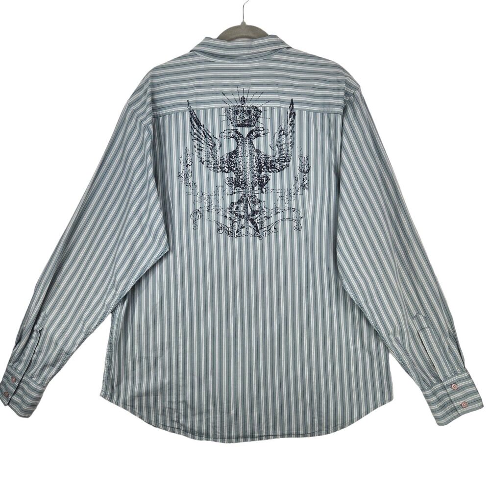 Guess Mens XXL Button Up Shirt 100% Cotton Two-Headed Eagle Back Print Striped